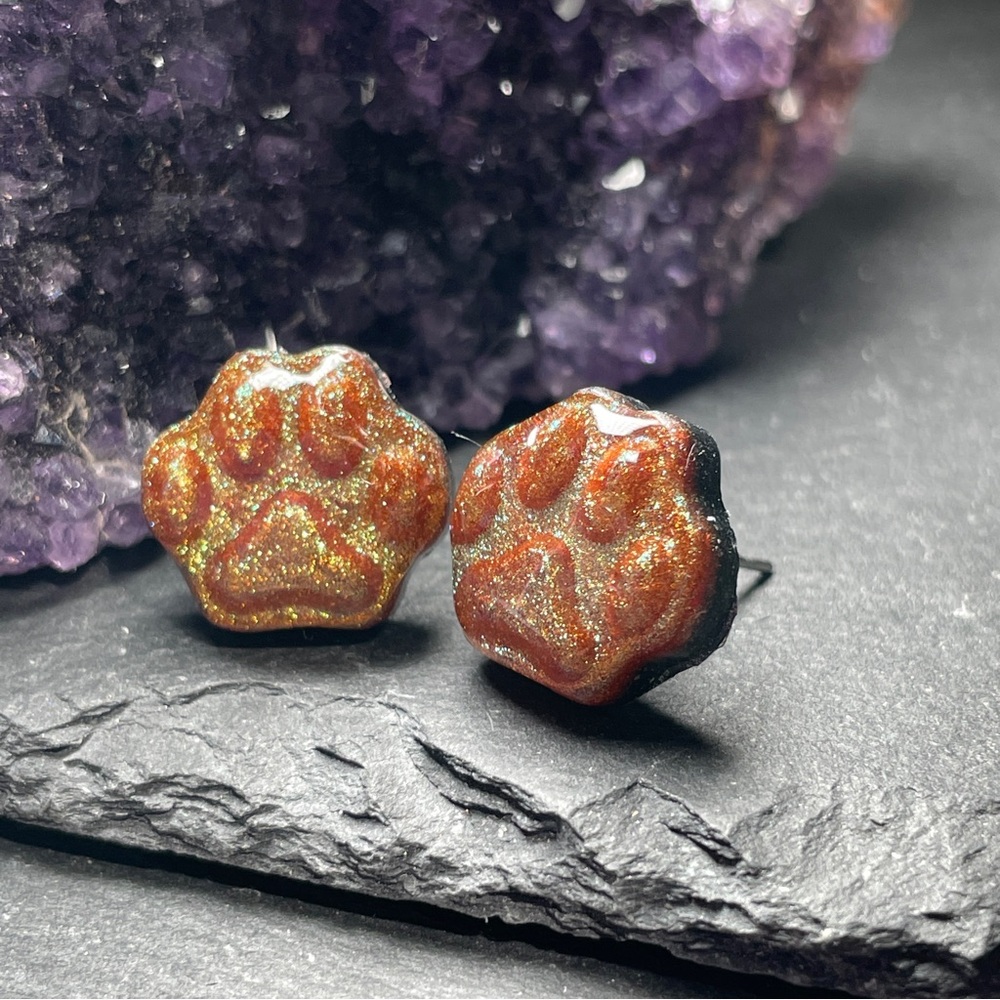 2/$18 Sparkling Reddish Brown Green Golden Glitter Paw Resin Stud Earrings - Picture 6 of 11